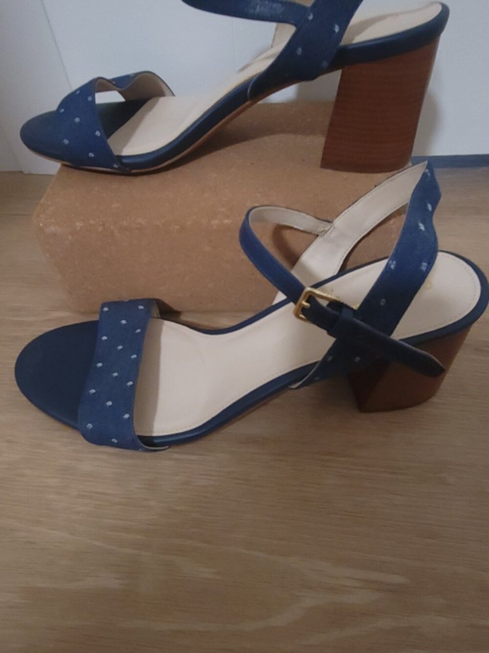 Cole Haan Denim Polka Dot Block Heels - Navy/Brown - Size 8 - Like New - Picture 2 of 5